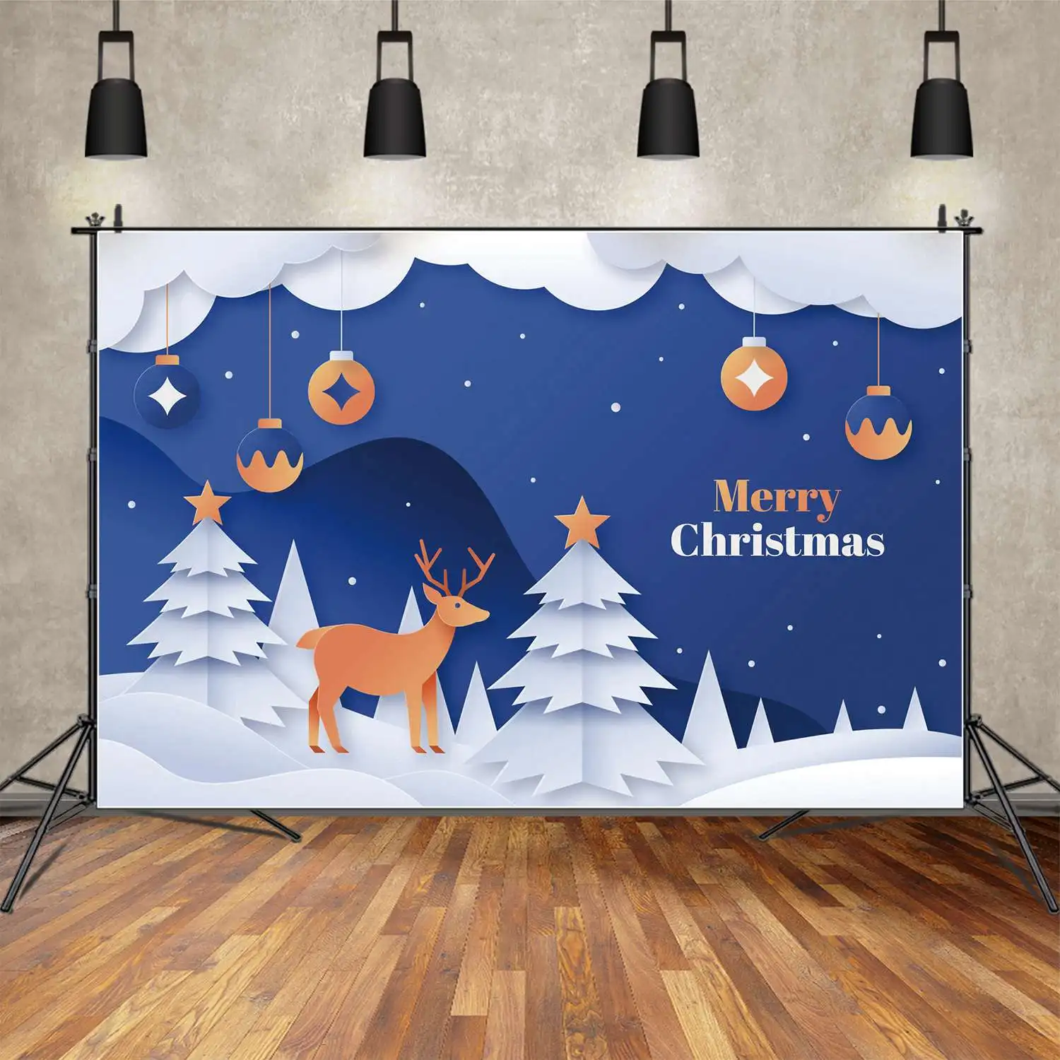Moon.Qg Fondale Merry Christmas Boy White Mountain Tree Renna Party Banner Sfondo Blue Snowflake Sky Ball Photo Booth