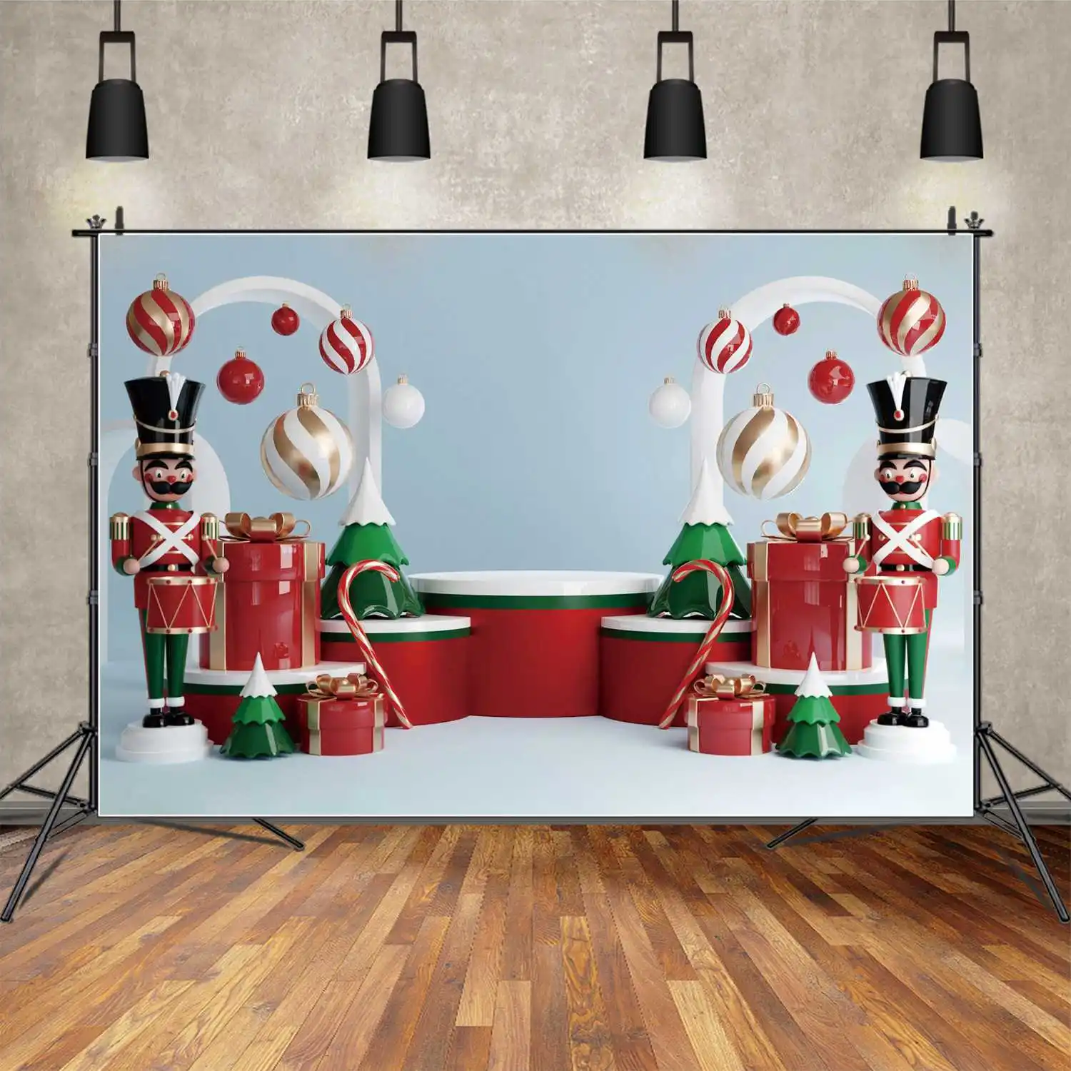 Moon.Qg Sfondo Festa Di Natale Regalo Stage Photography Photo Booth Sfondo Bambini Arch Door Snow Tree Clown Ball Decorations