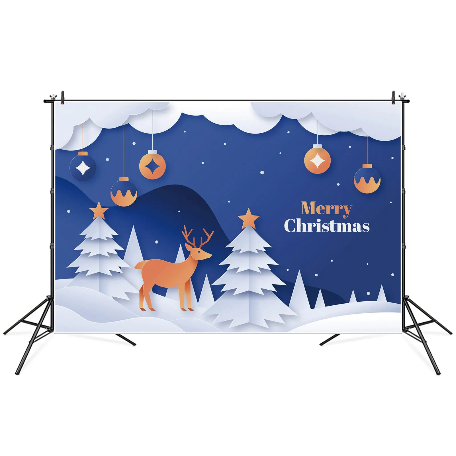 Moon.Qg Fondale Merry Christmas Boy White Mountain Tree Renna Party Banner Sfondo Blue Snowflake Sky Ball Photo Booth