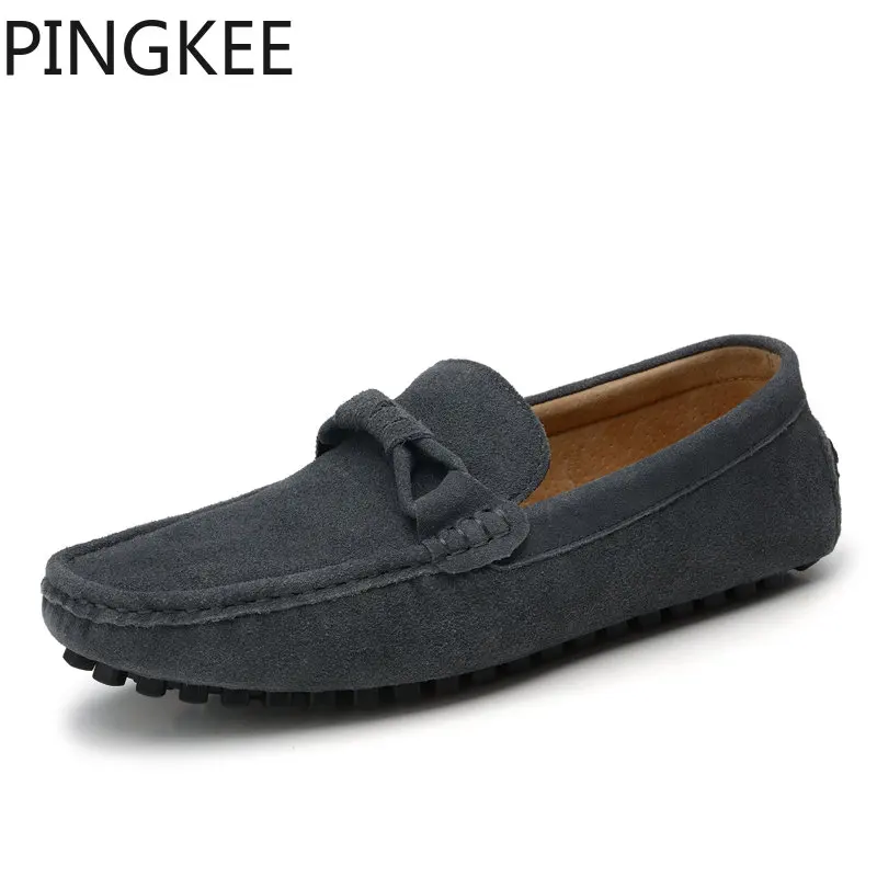 Pingkee Chic Almond Shape Toe Cow Suede Fodera In Pelle Cucita A Mano Cuciture Superiori Imbottite Classic Men Boat Driving Loafer Shoes