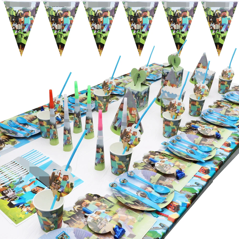 World Pixel Game Baby Shower Family Birthday Party Decoration Cartoon Background Banner Balloon Digital Set Holiday Diy