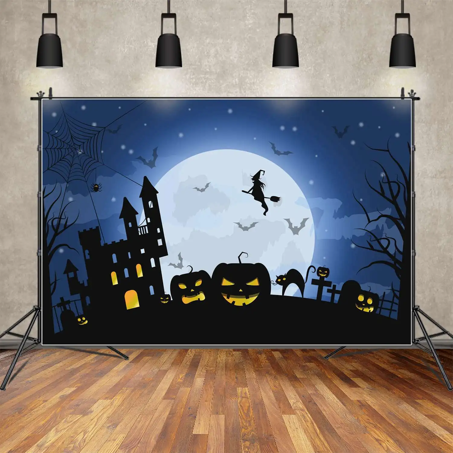 Moon.Qg Sfondo Halloween Black Mountain Castle Tombstone Shadow Background Blue Party Photo Booth Moon Star Broom Figure Puntelli