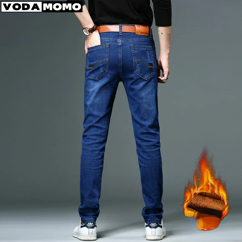 2024 Inverno Peluche Addensare Nuovi Arrivi Jeans Uomo Qualità Brand Business Casual Mens Denim Pantaloni Dritto Slim Fit Blu Scuro Uomo