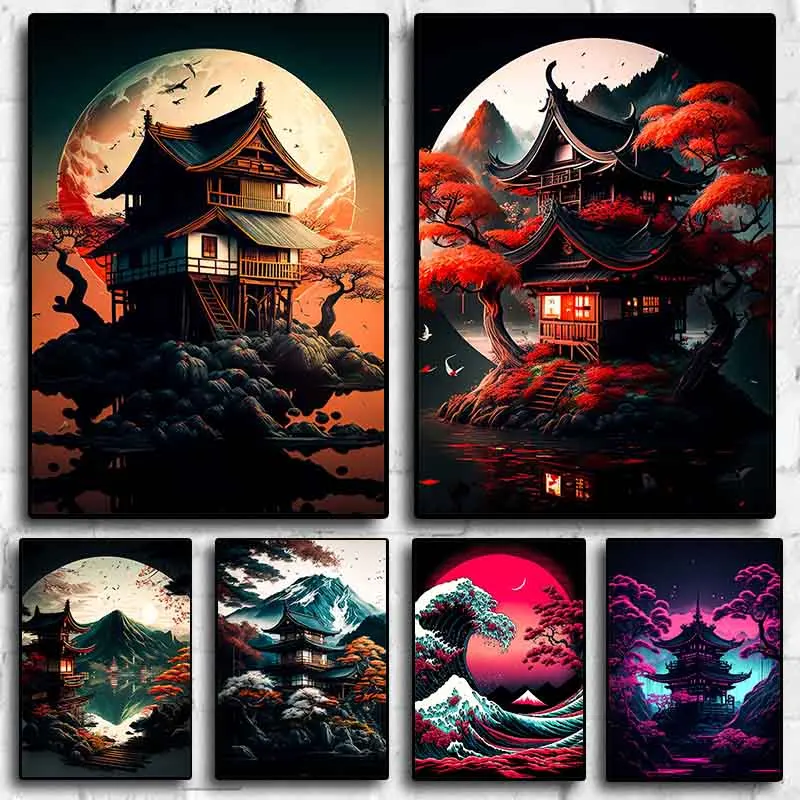 80S Colorful Japan Natural Beauty Landscape Wave Poster Estetica Fuji Canvas Print Picture Wall Art Murale Home Room Decor Gift