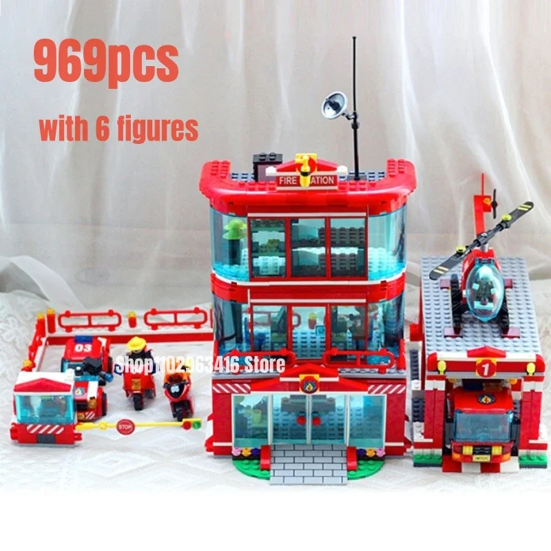 969Pcs Fire Station Building Blocks Camion Dei Pompieri Modello Di Elicottero Fit Moc 60110 Giocattoli Per Bambini Regalo Di Natale