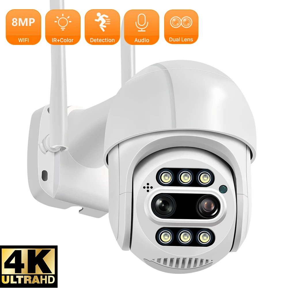 4K 8Mp Wifi Dual Lens Camera Auto Tracking Human Detect Camera Security Video Surveillance 8X Zoom Cctv Camera Impermeabile