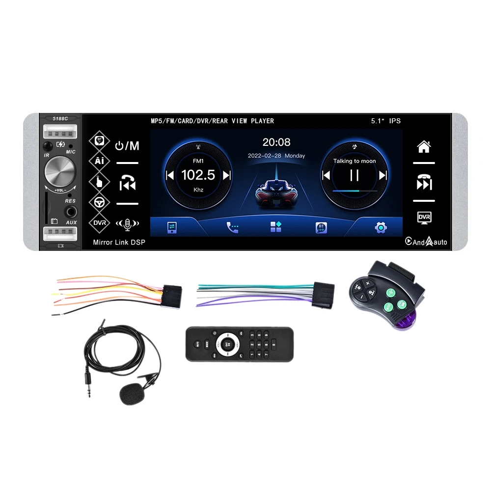 1 Din Autoradio Bluetooth Mp5 Player 5.1 Pollici Autoradio Stereo Ips Touch Screen Con Wireless Carplay Android