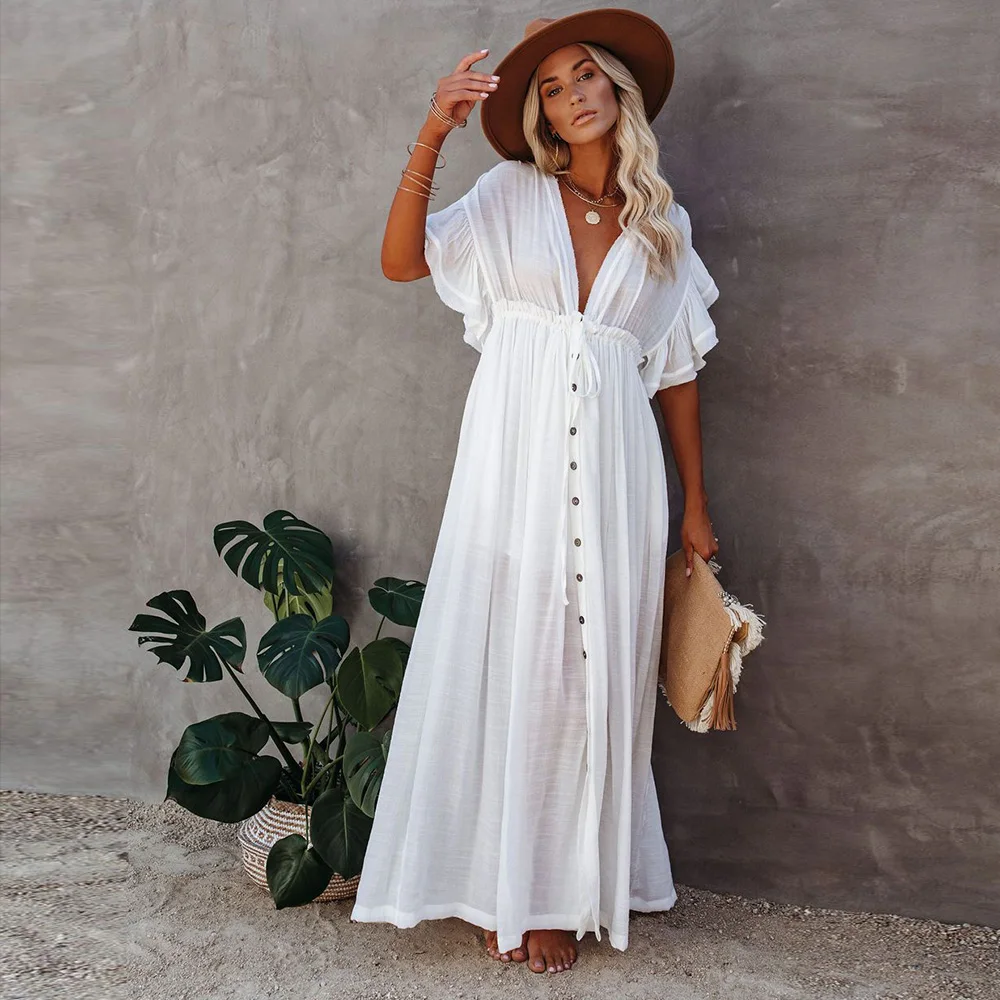 Leaves Print Bikini Beach Cover Up Tuniche Per Beach Long Kaftan Bikini Cover Up Robe De Plage Sarong Beach Costume Da Bagno Cover-Up