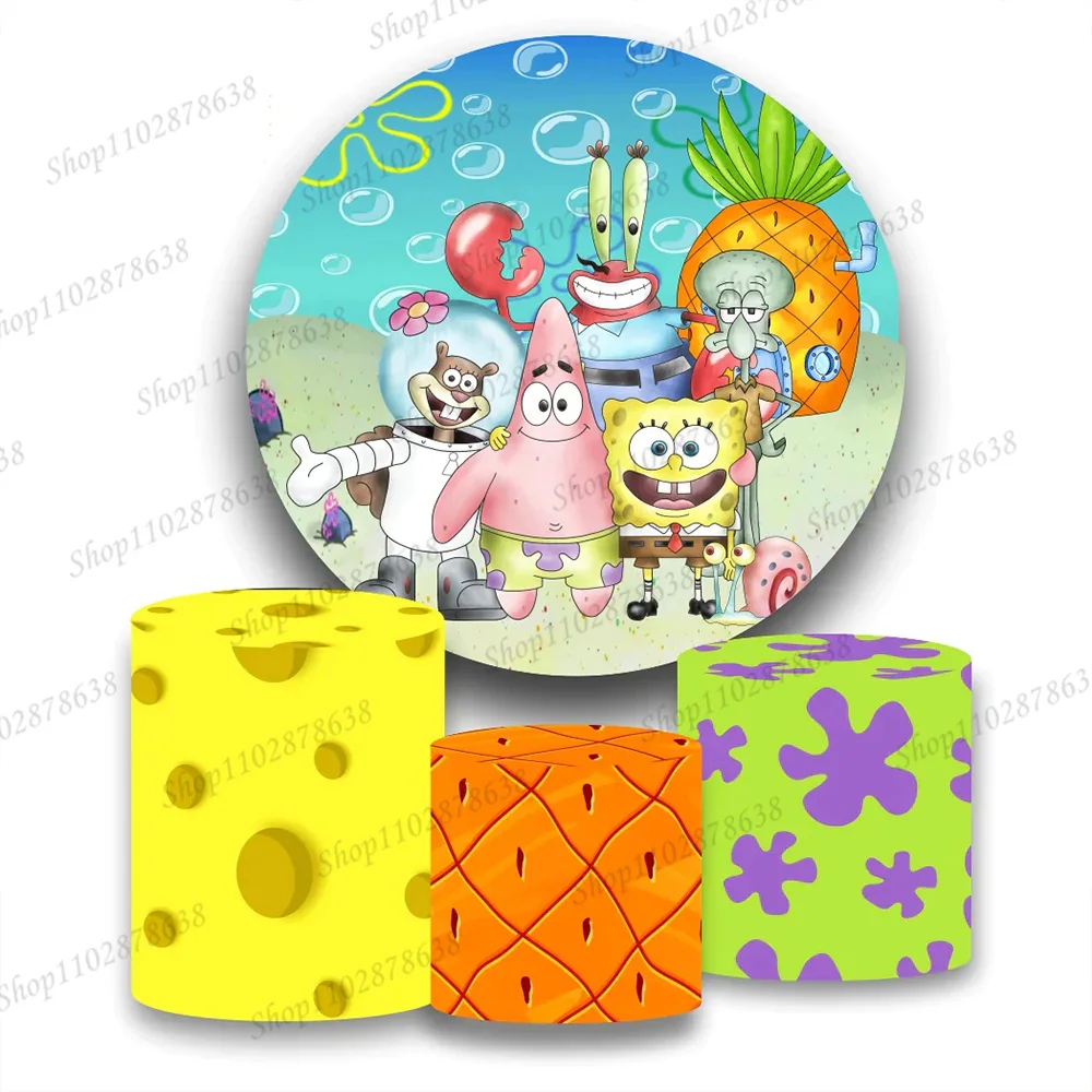 Party Round Background Spongebob Boy Girl Birthday Background Ananas House Photo Elastico Cilindro Cover Banner Decor Puntelli