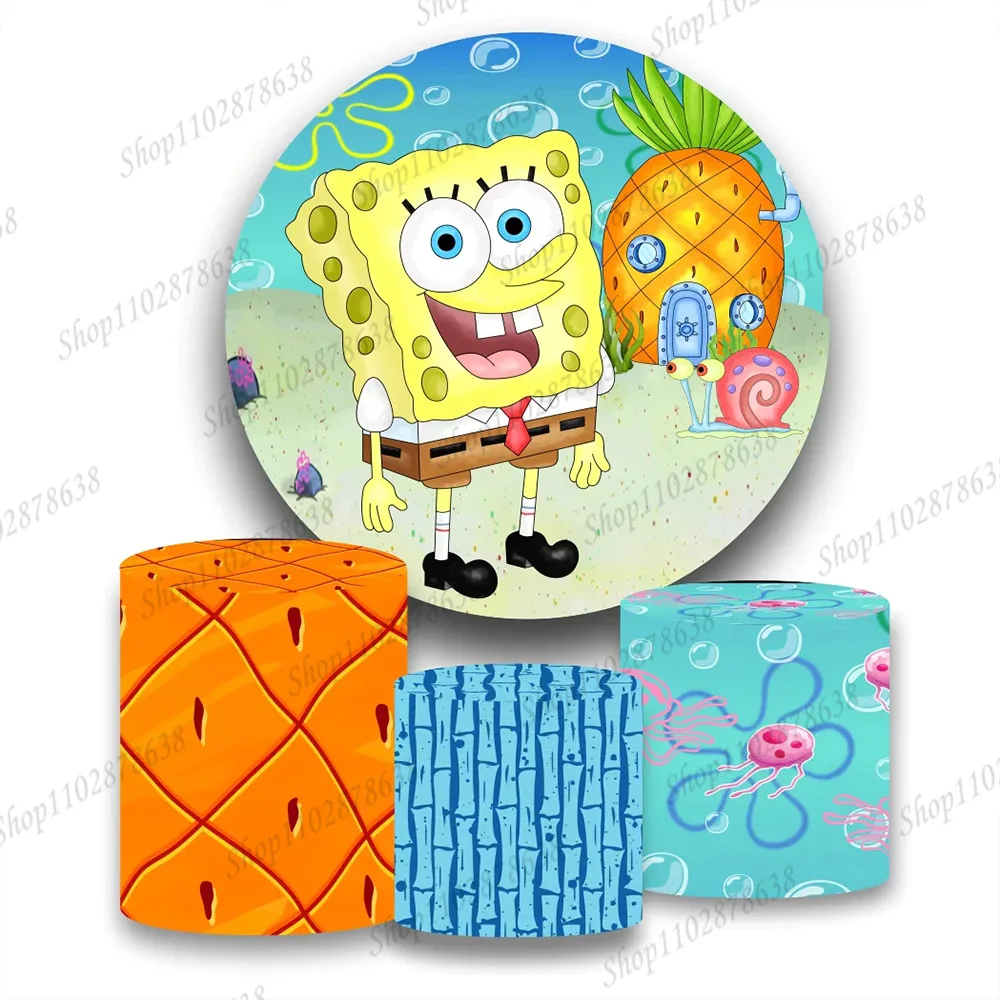 Party Round Background Spongebob Boy Girl Birthday Background Ananas House Photo Elastico Cilindro Cover Banner Decor Puntelli