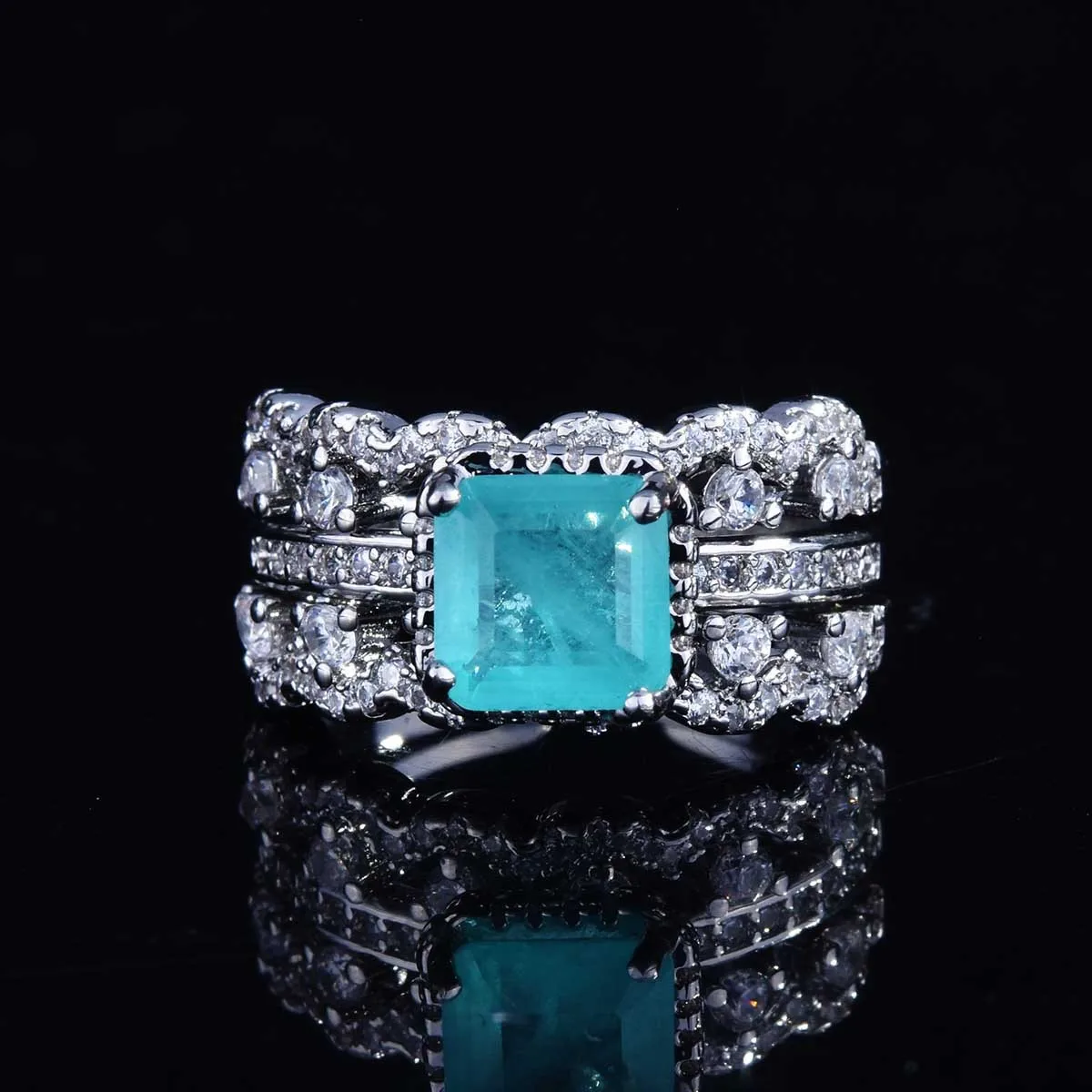 2022 New Square Natural Paraiba Tourmaline Stone Ring 2Pcs Set Luxury Stackable Finger Ring Ladies Jewelry Gift