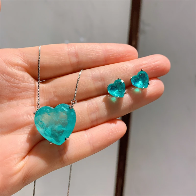 Qxtc Charms Set Di Gioielli Da Sposa Vintage Blue Paraiba Tourmaline Heart Ocean Star Collana Con Ciondolo Orecchini Statement