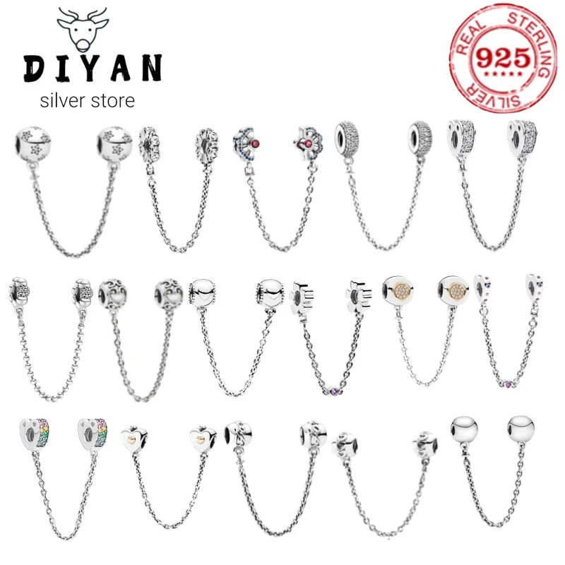 Fashion 925 Sterling Silver Fit Original Sterling Silver Sparkling Safety Chain Bracciale Fai Da Te Da Donna Regalo Di Gioielli Premium