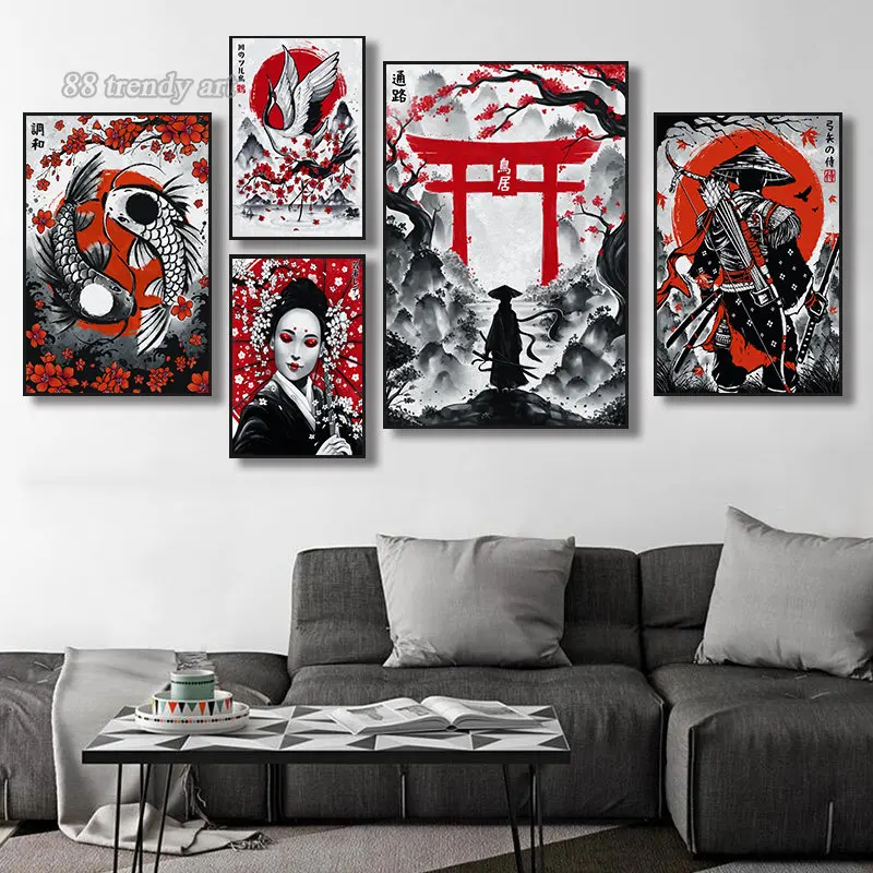 Giapponese Ink Wash Pittura Su Tela Poster E Stampe Samurai Giapponese Geisha Koi Carp Canvas Painting Pictures Home Murale