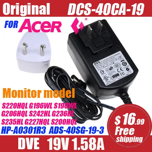 Adattatore Di Alimentazione Originale Dve 19V 1.58A Per Alimentatore Monitor Lcd Acer Dsa-40Ca G206Hl S190Wl D255E