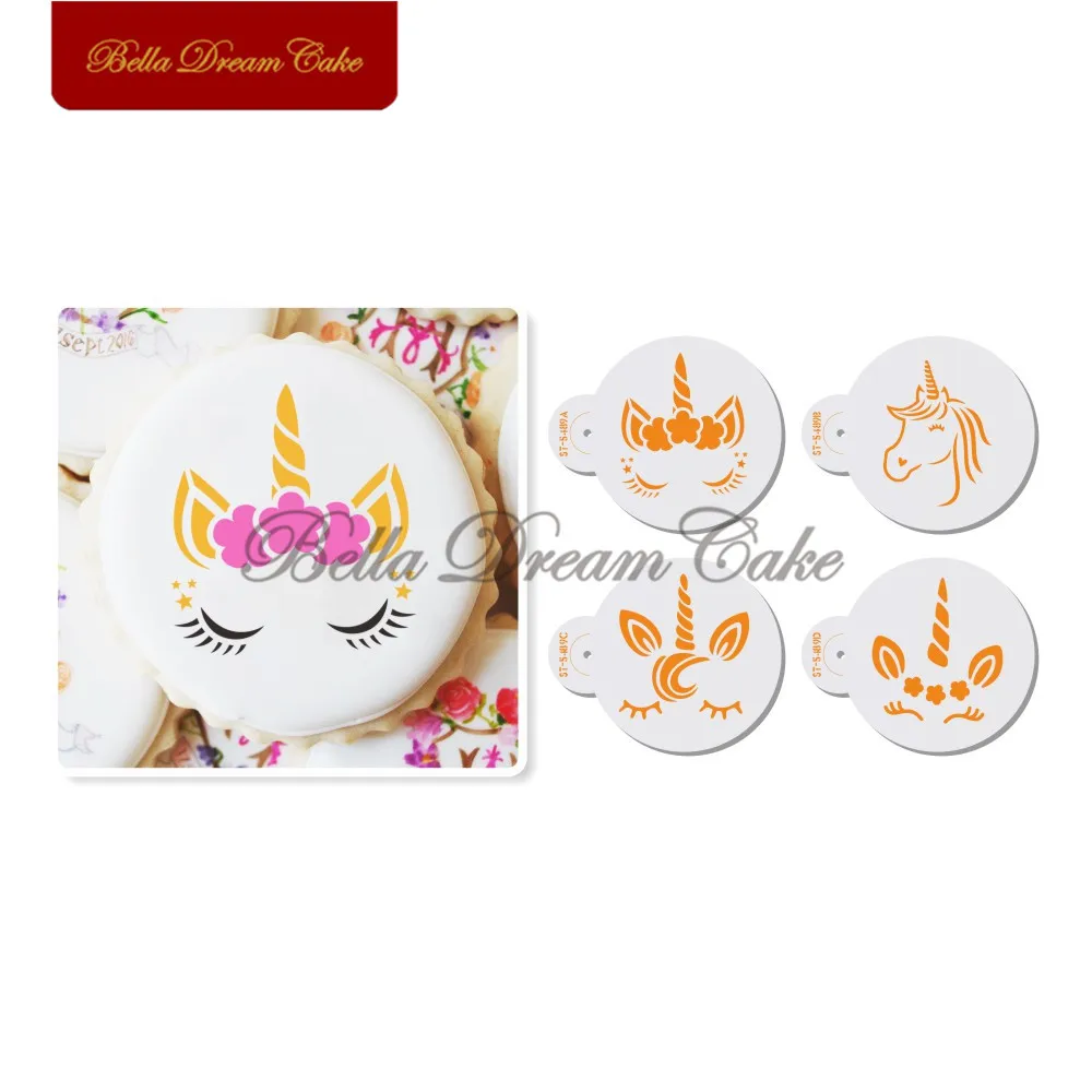 4 Pz/Set Unicorno Design Biscotti Stencil Fai Da Te Plastica Stencil Caffè Modello Macaron Biscotto Torta Stampo Strumenti Di Decorazione Bakeware