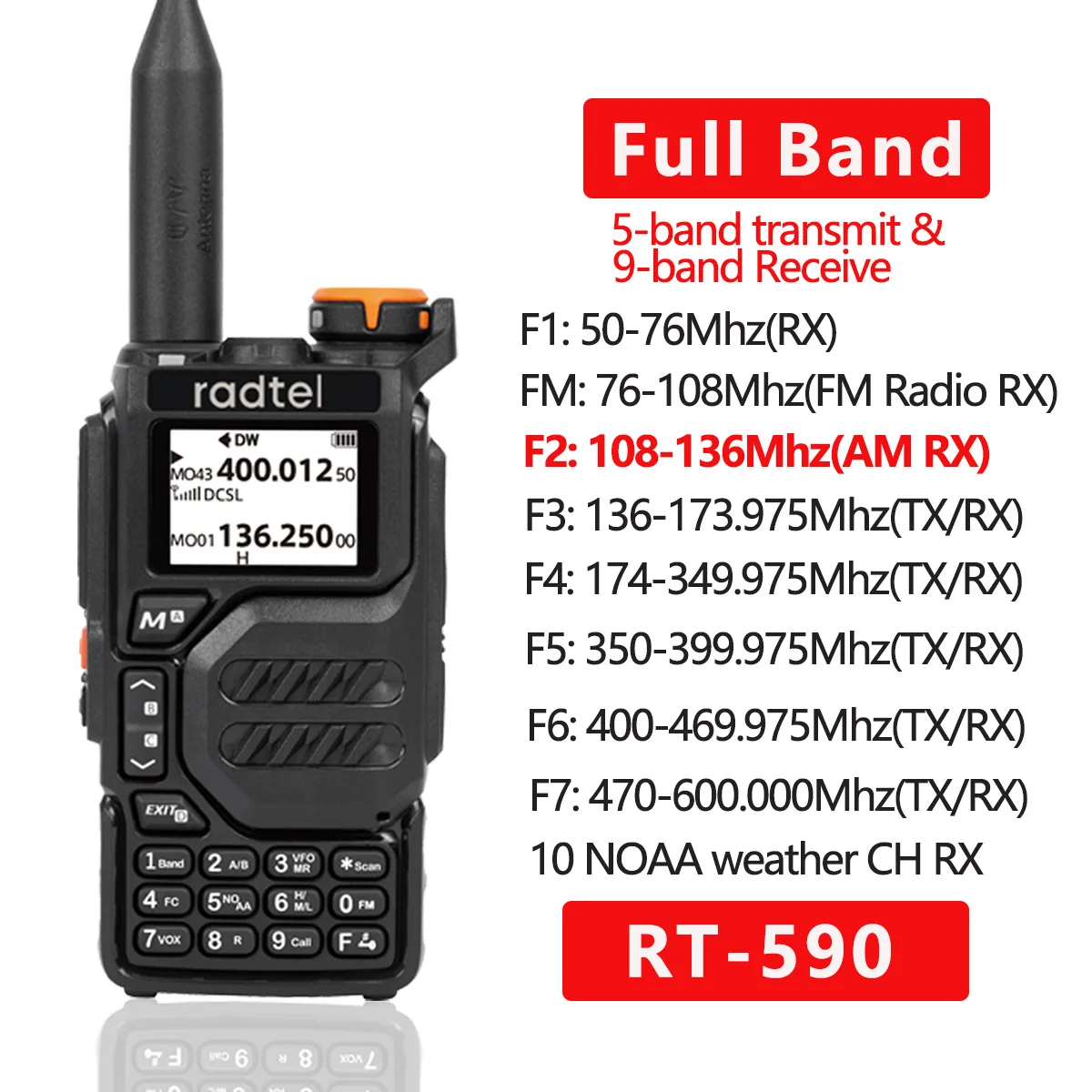 Radtel Rt-590 Air Band Walkie Talkie Amatoriale Ham Stazione Radio Bidirezionale Uhf Vhf 200Ch Full Band Ht Con Noaa Channel Am Satcom