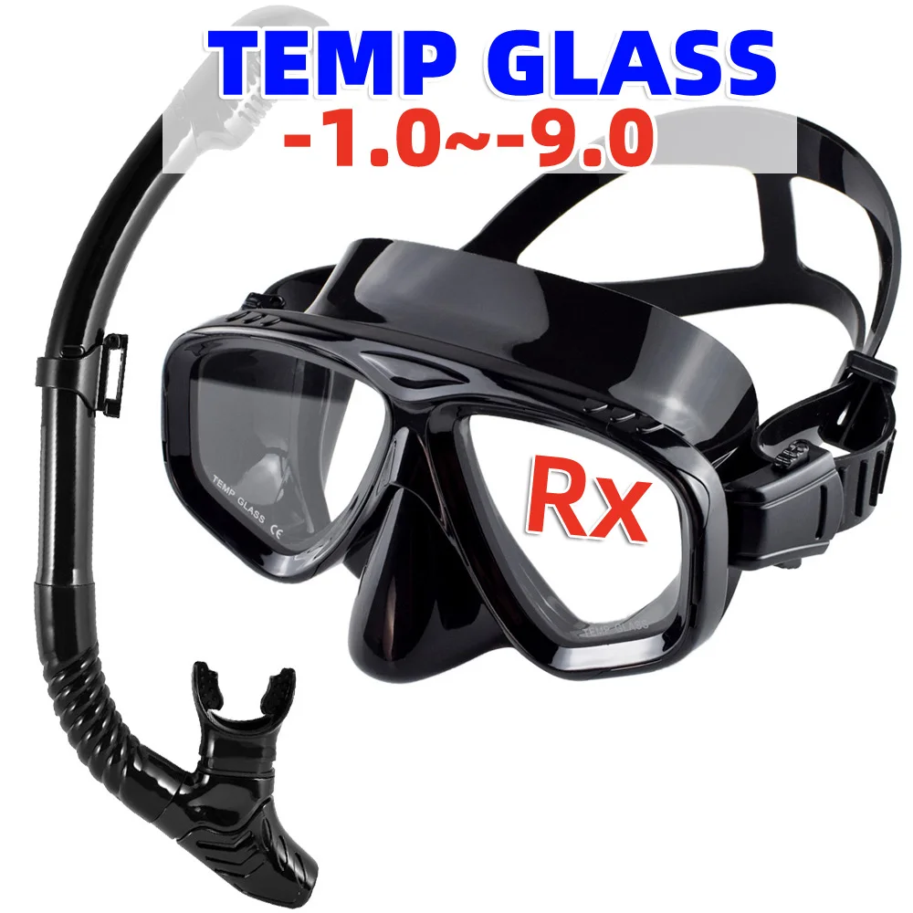 Miopia Ottica Scuba Diving Mask Snorkel Set Vetro Temperato, Dry Top Nuoto Googles Lenti Miopi Miopi