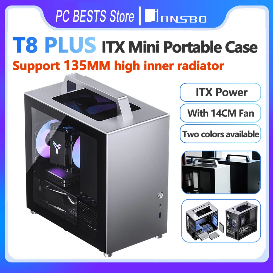 Jonsbo T8 Plus Case Mini Itx Computer Portatile Lato Telaio Trasparente Itx Scheda Madre Atx Power Alluminio Con Ventola Argb Da 14Cm