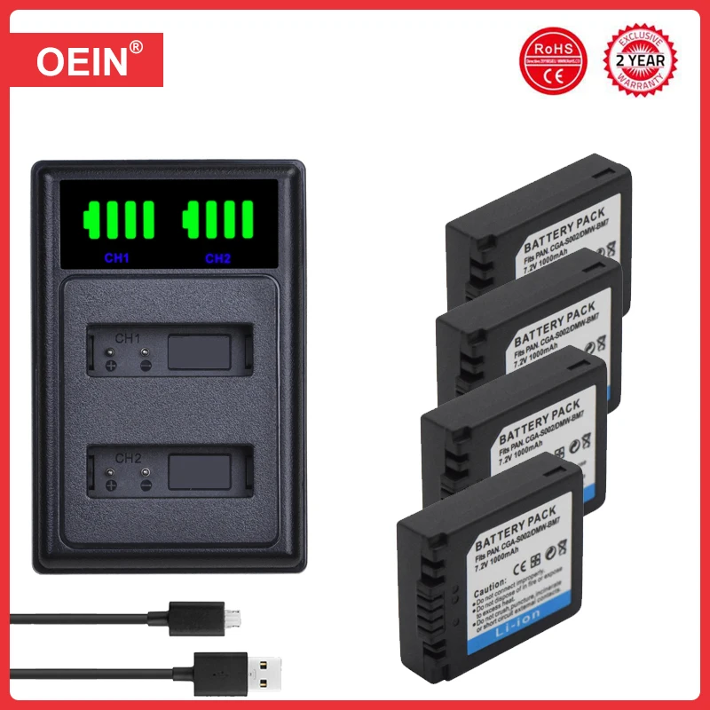 4 Pz Cga-S002E Cga-S002 Dmw-Bm7 Batteria E Caricabatterie Per Panasonic Cga S002E S002, Lumix Dmc Fz10 Fz20 Fz1 Fz2 Fz3 Fz4 Fz5 Fz15