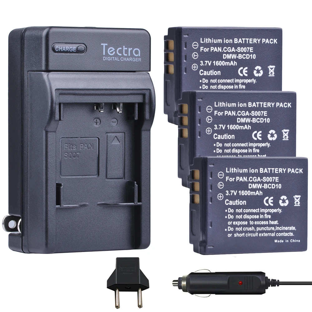 Tectra 3 Pz Dmw-Bcd10 Cga-S007E Batteria + Caricabatterie Digitale Per Panasonic Lumix Dmc-Dmc-Tz1 Dmc-Tz1Bk Dmc-Tz1Bs Dmc-Tz3Eb-K Dmc-Tz2