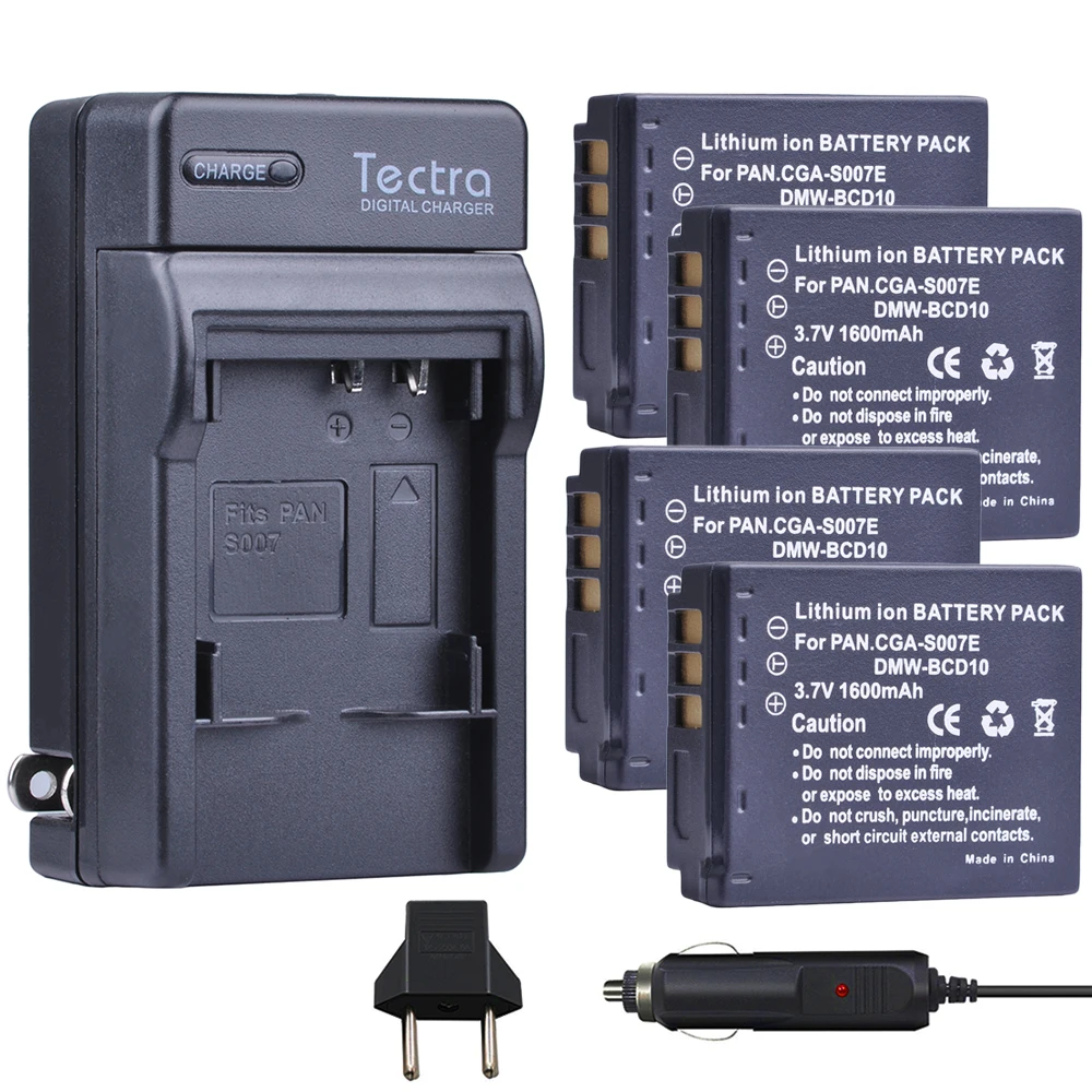 4 Pz Dmw-Bcd10 Cga-S007E Batterie Per Foto/Videocamera + Caricabatterie Digitale Per Panasonic Lumix Dmc-Dmc-Tz1 Dmc-Tz1Bk Dmc-Tz1Bs Dmc-Tz3Eb-K Dmc-T