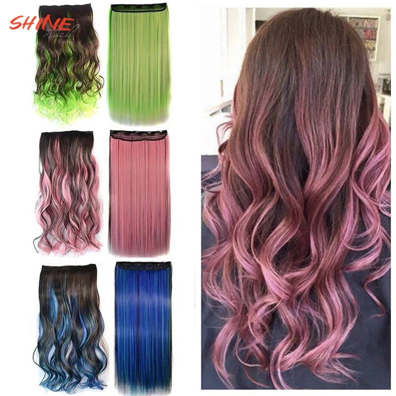 Synthetic Clip On Hair Extension Ombre Colorful Wig Wavy Hair Extension 5Clips In Hairpiece High Temperature Faber Hair Summer