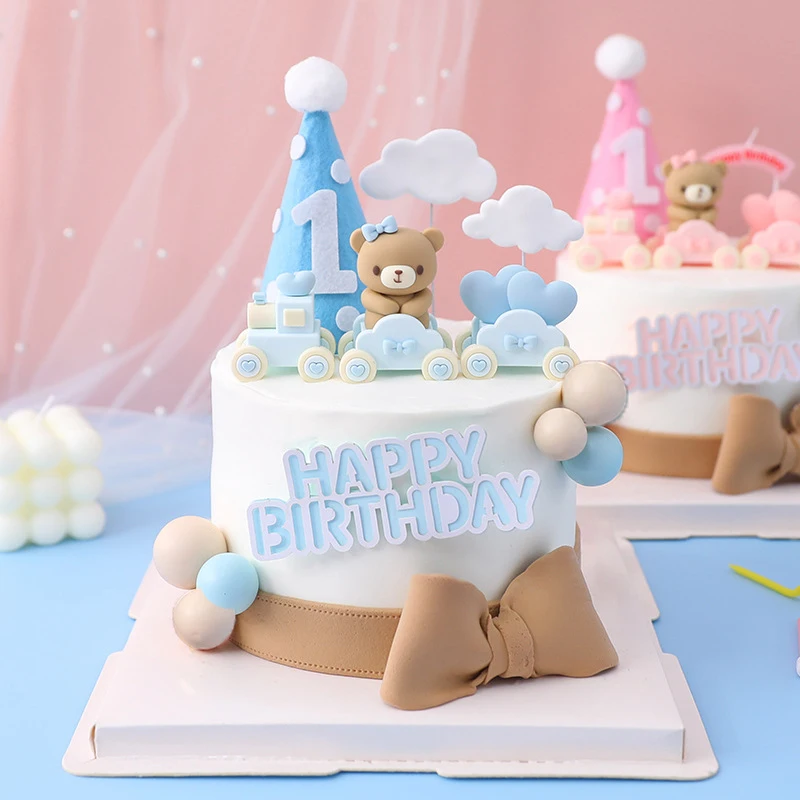 Baby Bear Birthday Cake Topper Train Cake Decoration Happy Birthday Party Boy Girl Bear Gifts Valentine Wedding Cake Decoration
