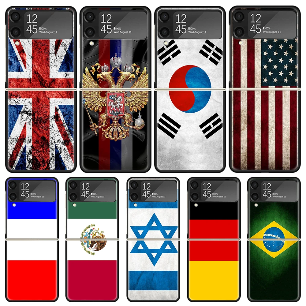 Bandiera Nazionale Ru Fr Uk Custodia Per Telefono Per Samsung Galaxy Z Flip5 5G Flip4 Flip3 Cover Rigida Nera Z Flip 5 4 3 Pc Shell Zflip3 Coque