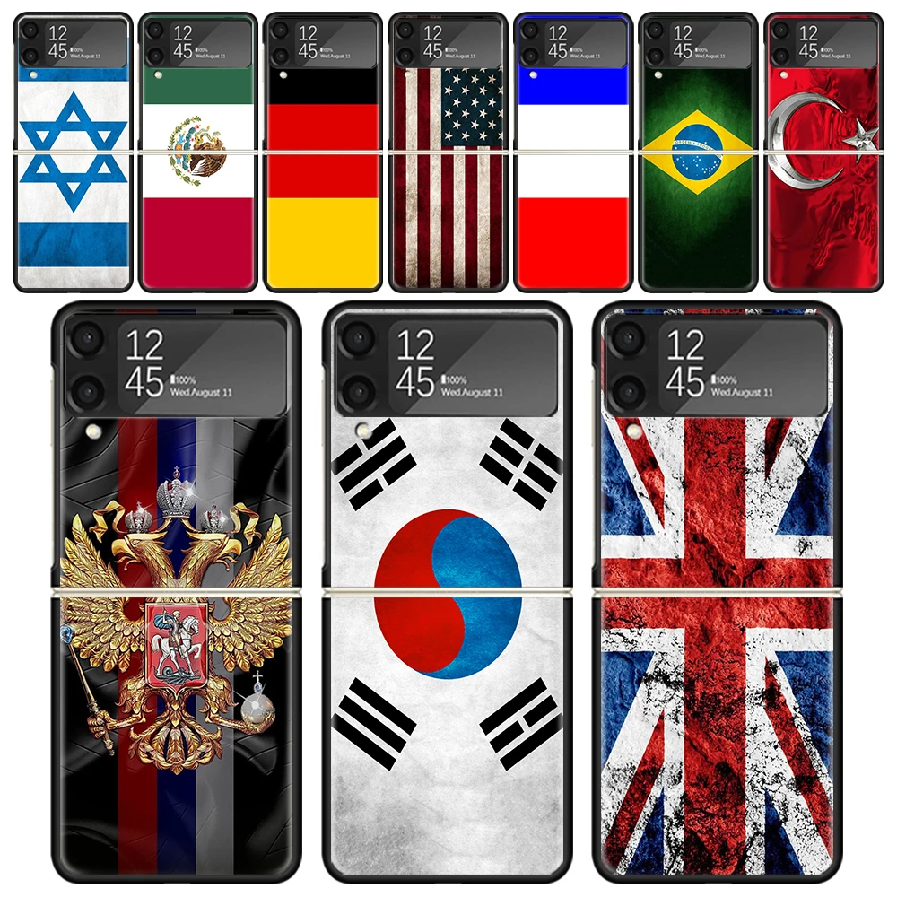 Bandiera Nazionale Ru Fr Uk Custodia Rigida Antiurto Per Samsung Galaxy Z Flip 4 3 5G Cover Per Telefono Z Flip3 Flip4 Black Fundas Matte Shell