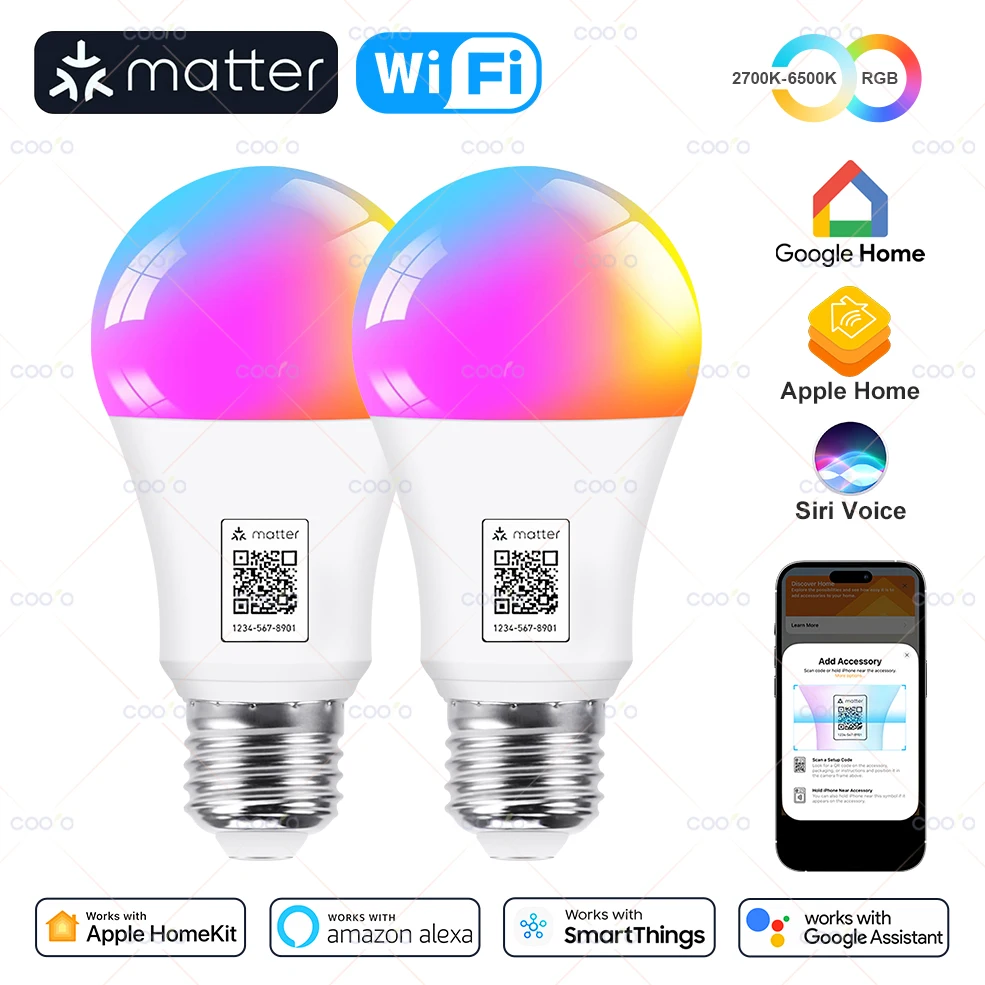 Coolo Matter Smart Light Bulb Rgb E27 Wifi Led Bulb Smart Home Funziona Con Alexa Google Home Apple Home Homekit Smartthings Siri