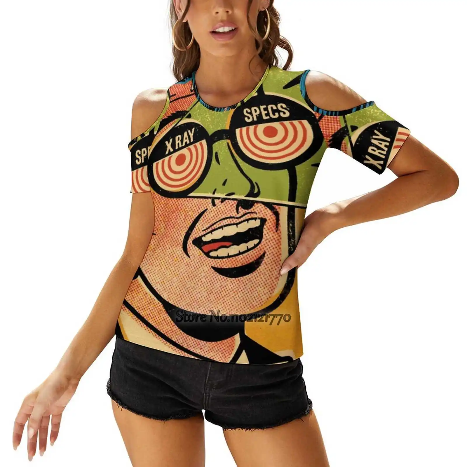 Lou Xray Specifiche Donna Magliette Stampate Top O-Collo Allacciatura Posteriore Top Fashion Graphic T Shirt Xray Specifiche Hypnotism Novità