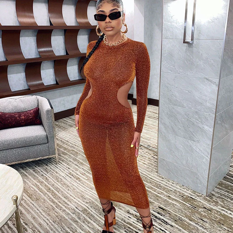 Glitter Sheer Sexy Club Dresses For Women Party Birthday Outfits Vita Cut Out Elastico Elegante Midnight Bodycon Maxi Dress Chic