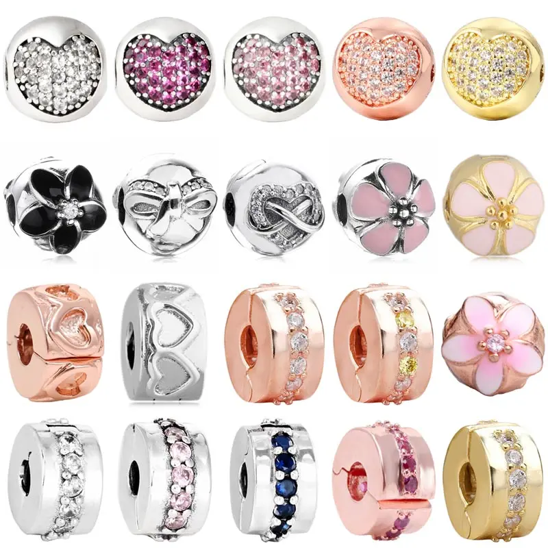 925 Sterling Silver Charm Sparkling Bow Shining Path Heart Cherry Blossom Mystic Floral Clip Bead Fit Popular Bracciale Jewelry
