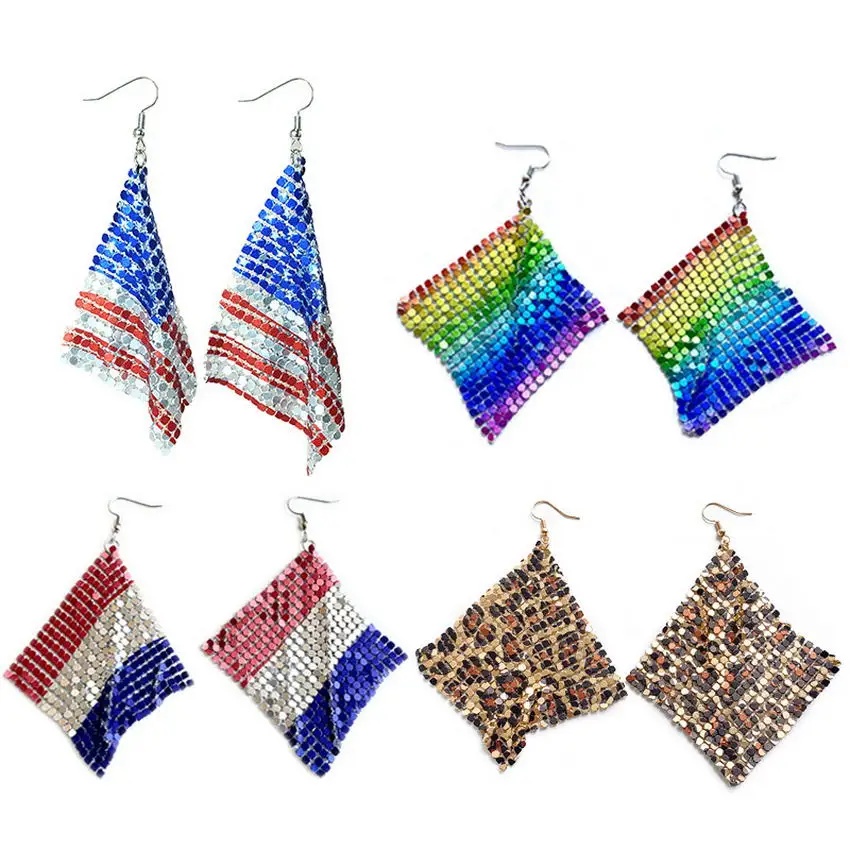 Shine Rainbow Metal Paillettes Orecchini 2021 New Folding France Uk Usa Flag Print Square Mesh Ciondola Gli Orecchini Gioielli All'Ingrosso