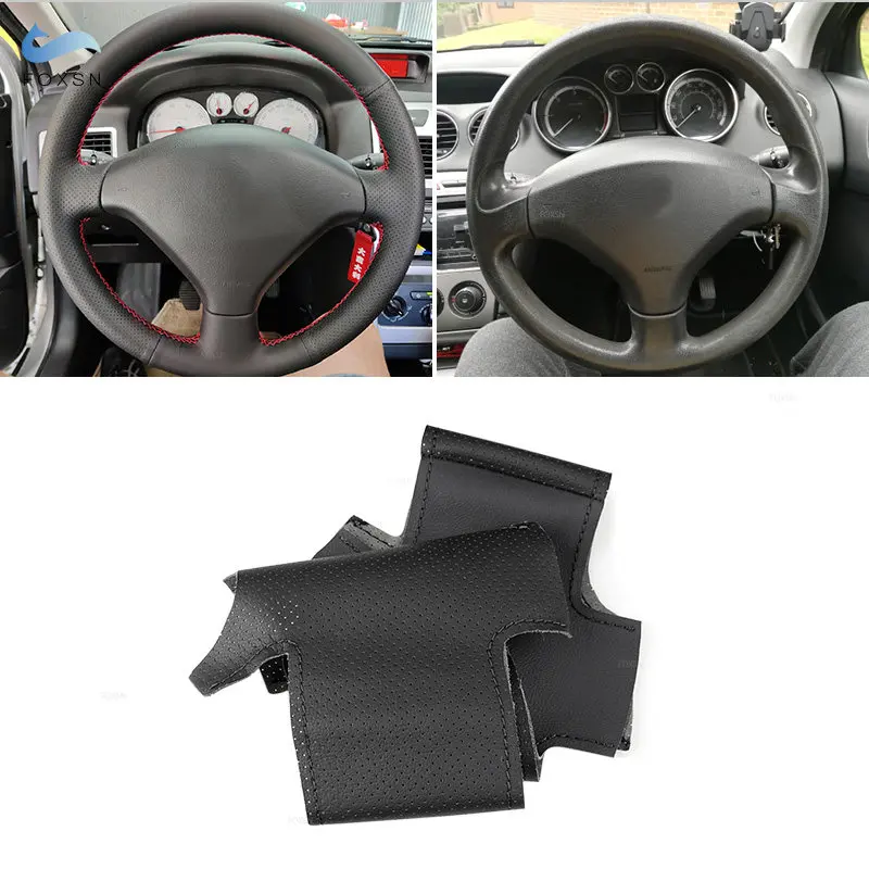 Black Perforated Leather Cover For Peugeot 308 Old Peugeot 408 Diy Hand Sewing Leather Car Steering Wheel Cover Trim