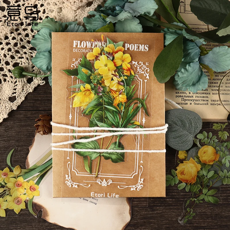 6Pcs Rose Sticker Flower Retro Plant Weightless Violet False Spring Material Fresh Label Scrapbook Decoration Art Supplies