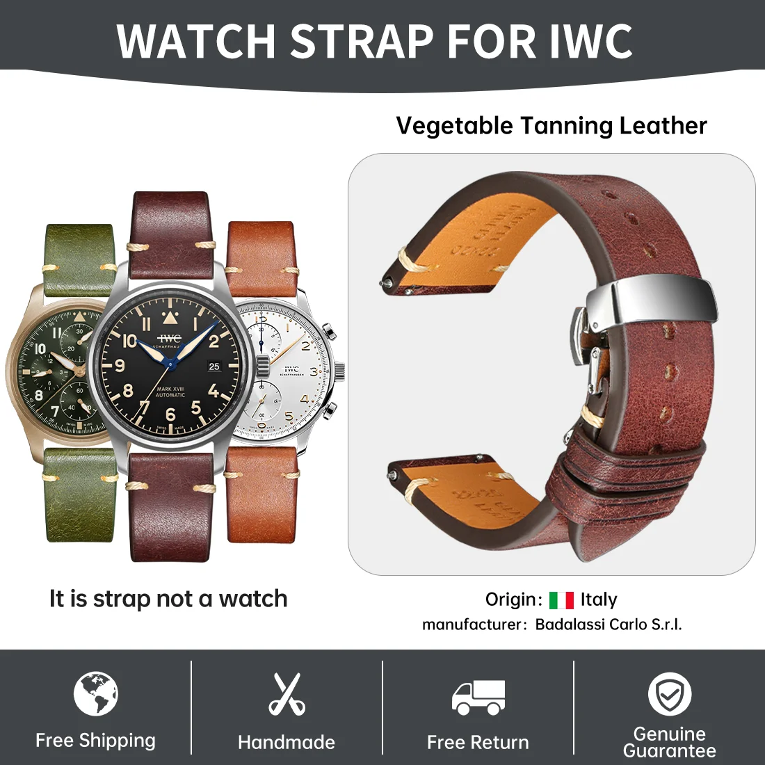 Cinturino Per Orologio Fatto A Mano Di Lusso Maikes Per Cinturini Per Orologi In Pelle Di Mucca Conciata Al Vegetale Italiana Iwc Pilot'S Portugieser 