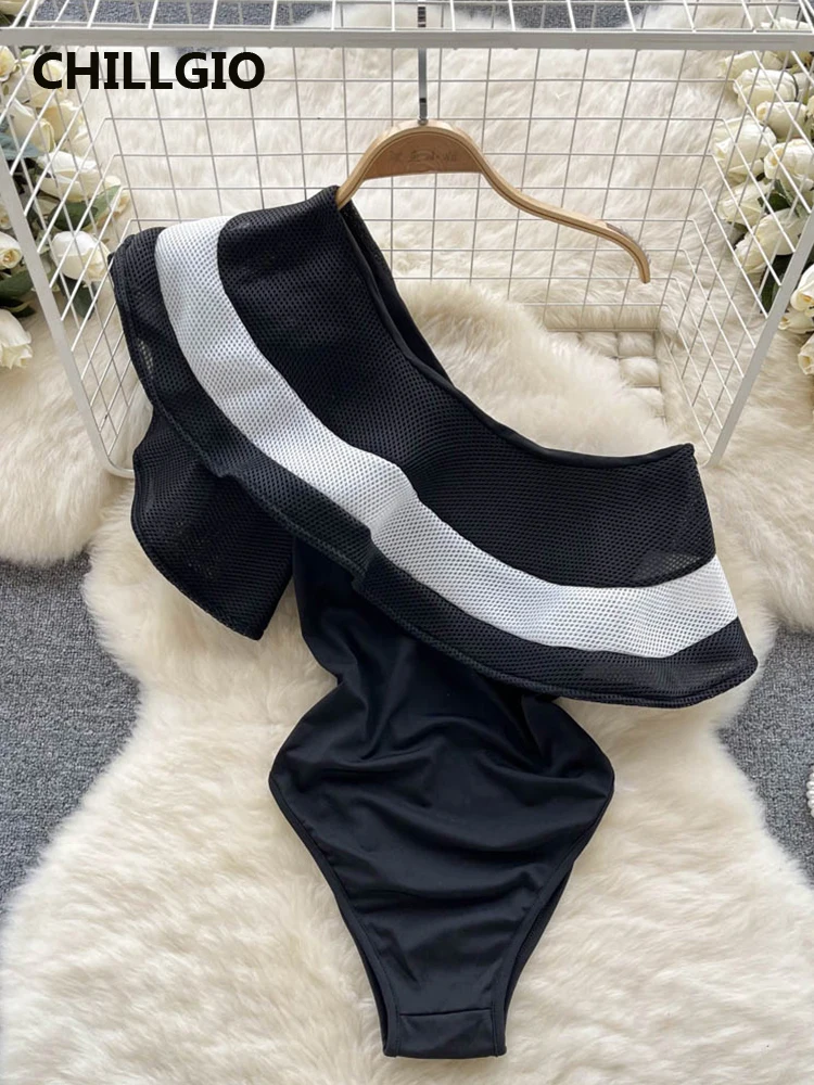 Chillgio Fashion Women One Shoulder Body Manica Lunga Streetwear Bodycon Ruffle Catsuits Beach One Piece Combination Pagliaccetti