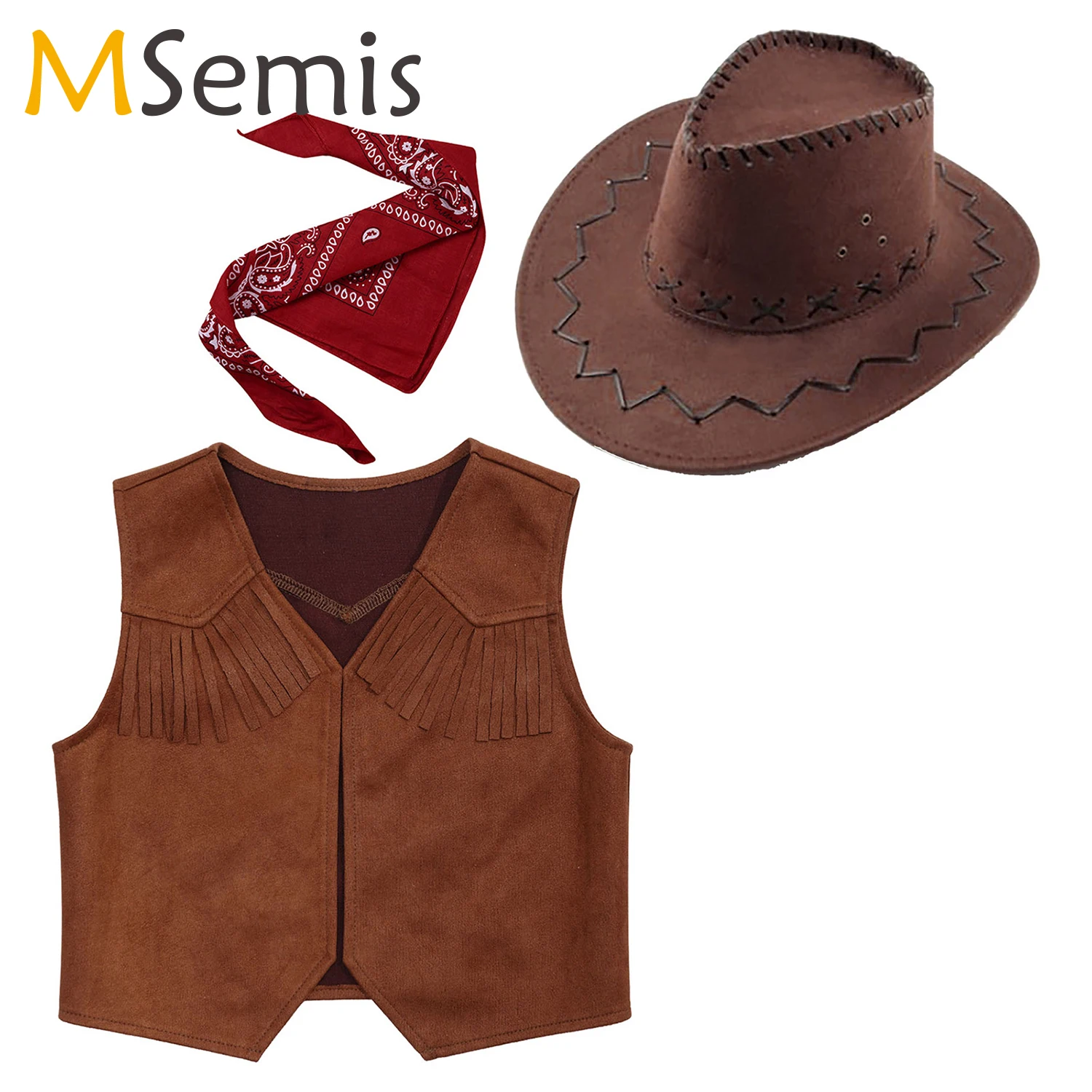 Ragazzi Western Cowboy Vest Bandanna Hat Costume Set Halloween Dress Up Kids Giacca Con Frange Per Cosplay Party Carnival Theme Party