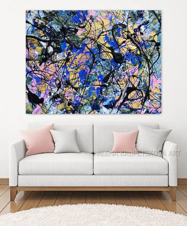 Blue And Gold Abstract Art Jackson Pollock Style Painting Con Schizzi E Gocciolazioneabstract Abstract Oversize