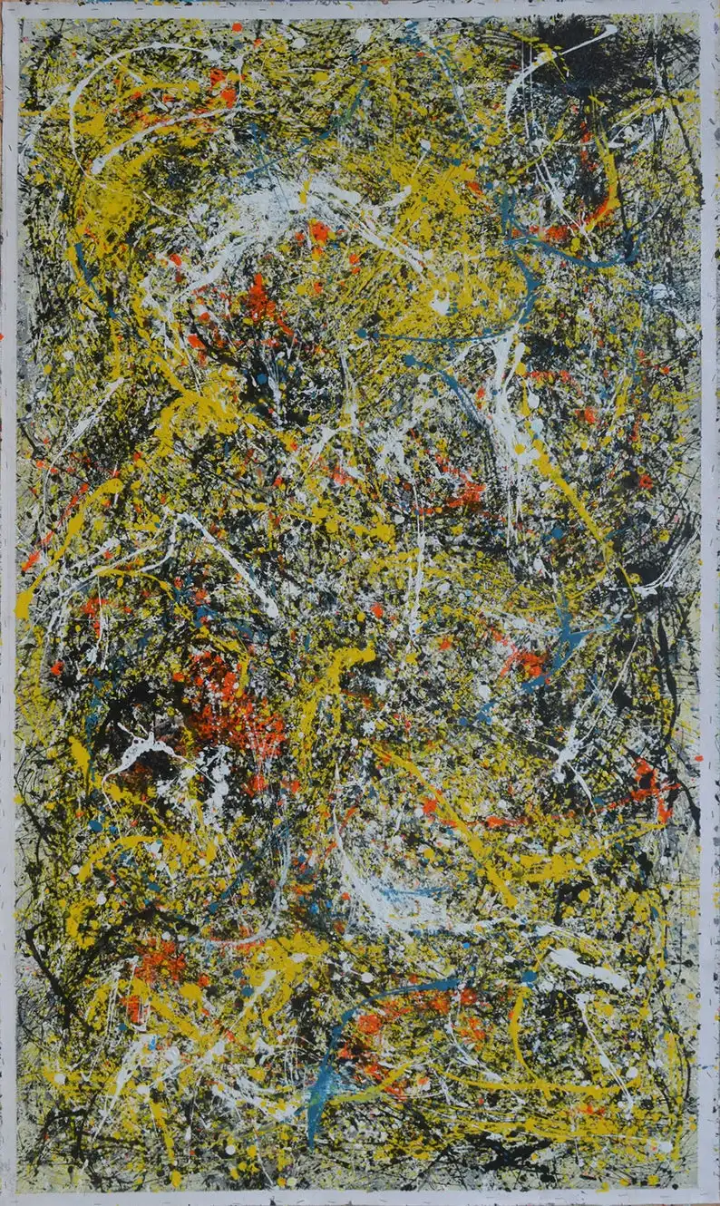 Acrylic Painting Jackson Pollock Style, Yellow Black White Color, Abstract Art  Vertical Abstract And  Artabstract  Abstract Oil
