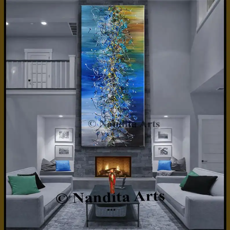 Jackson Pollock Style Blue Acrylic Painting, Modern Wall Art Abstracton Canvas Acrylic Art Rich Impasto Luxury Office Decor Sale