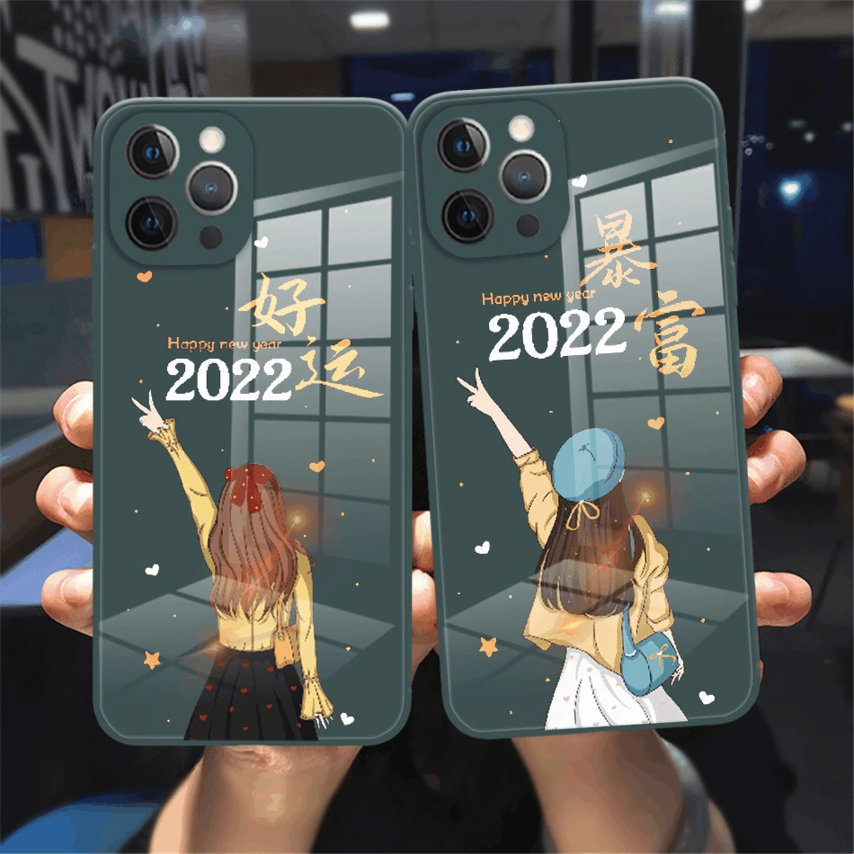 Fashion Girl New Year Get Rich Phone Case Per Iphone 11 12 13 Pro Max 12 13 Mini Candy Colors Custodia Riflettente In Vetro Temperato