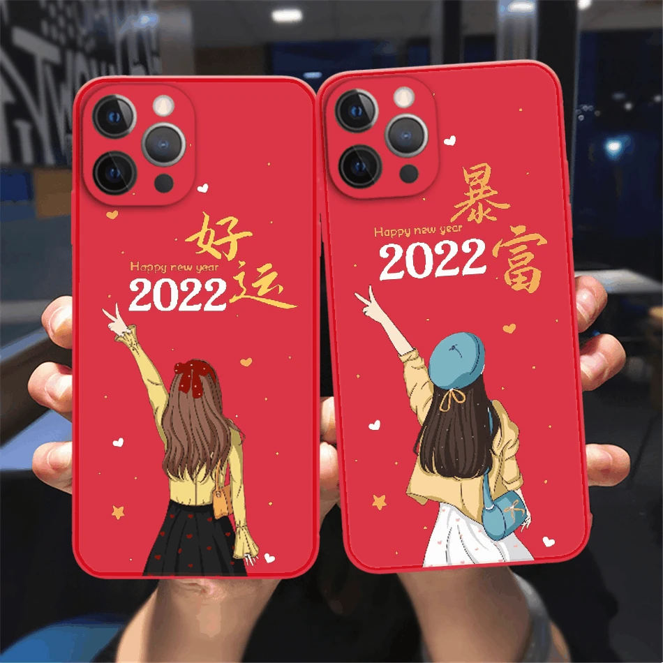 Fashion Girl New Year Get Rich Phone Case Per Iphone 11 12 13 Pro Max 12 13 Mini Liquid Soft Candy Colors Cover Antiurto Posteriore