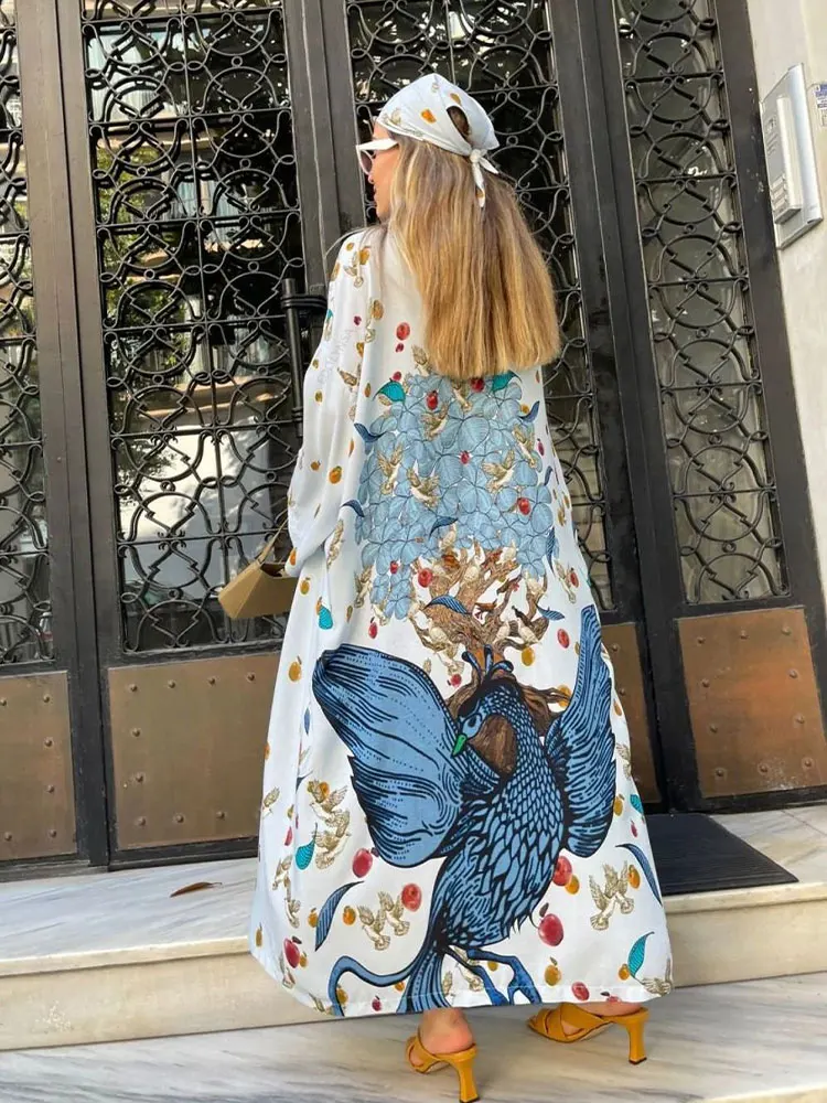 2022 Long White Kimono Bikini Cover-Ups Boho Print Wrap Dress Women Summer Clothes Beach Wear Swim Suit Cover Up Sarongs