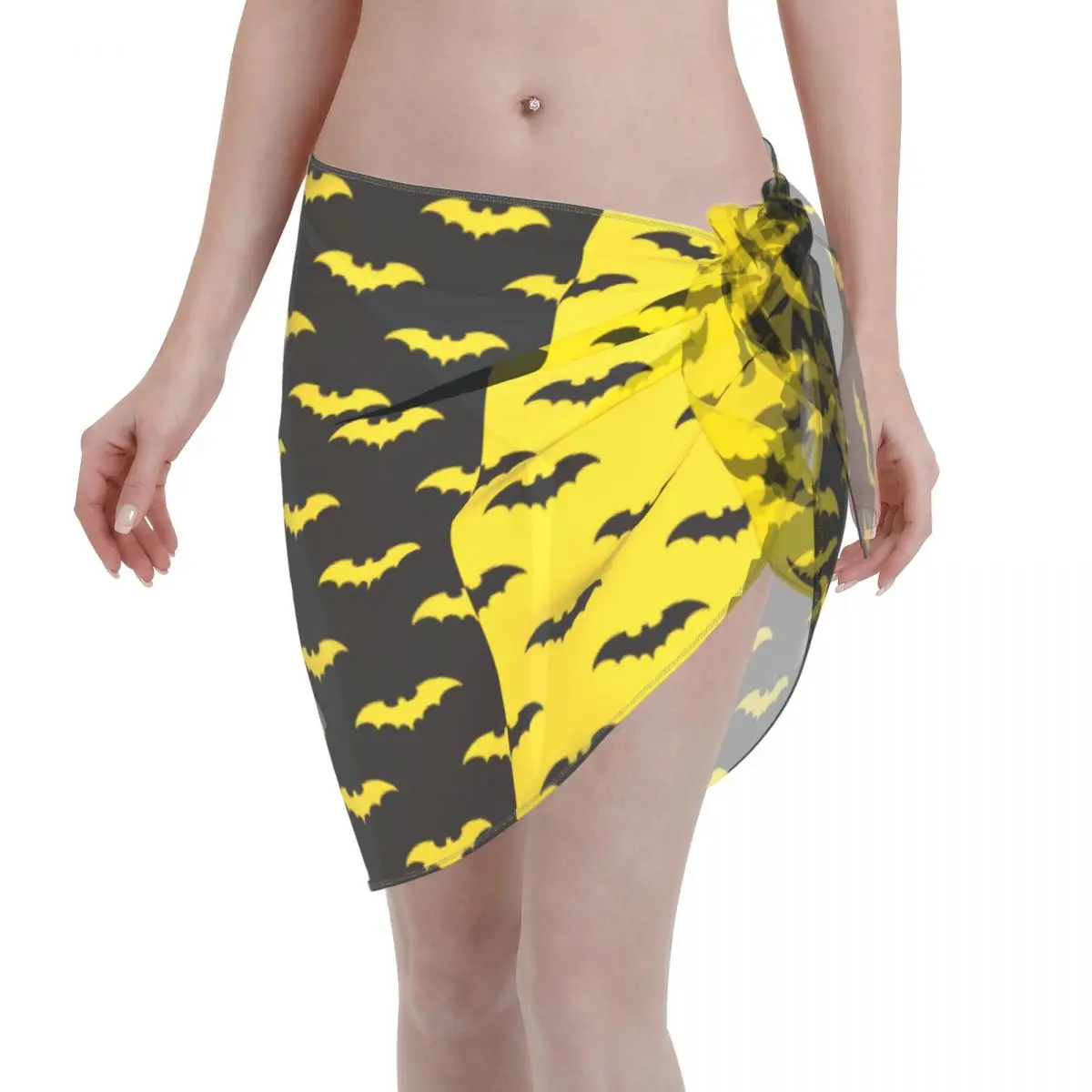 Black And Yellow Bat Pattern Kaftan Sarong Swimsuit Women Animal Sheer Beach Dress Bikinis Cover-Ups Skirts