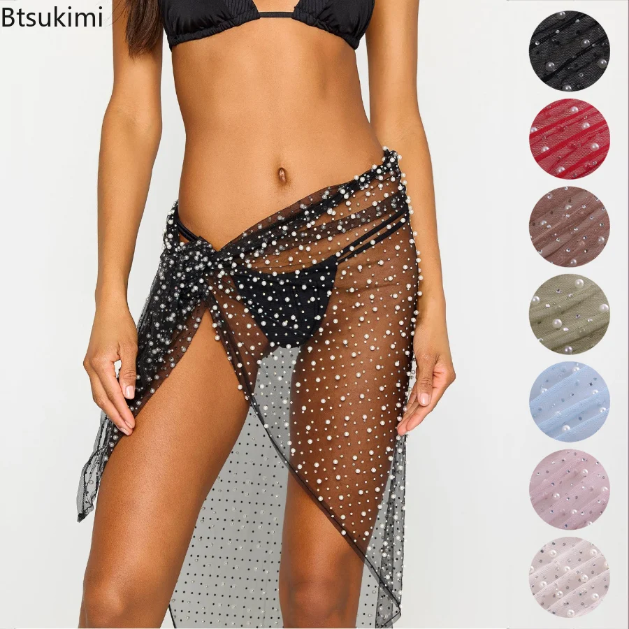 2023 Summer Women Sexy Bikini Covers-Up Gonne Bottoms Sarong Pearl Decor Gonna Avvolta Side Tie-Up Holiday Swimwear Covers-Ups