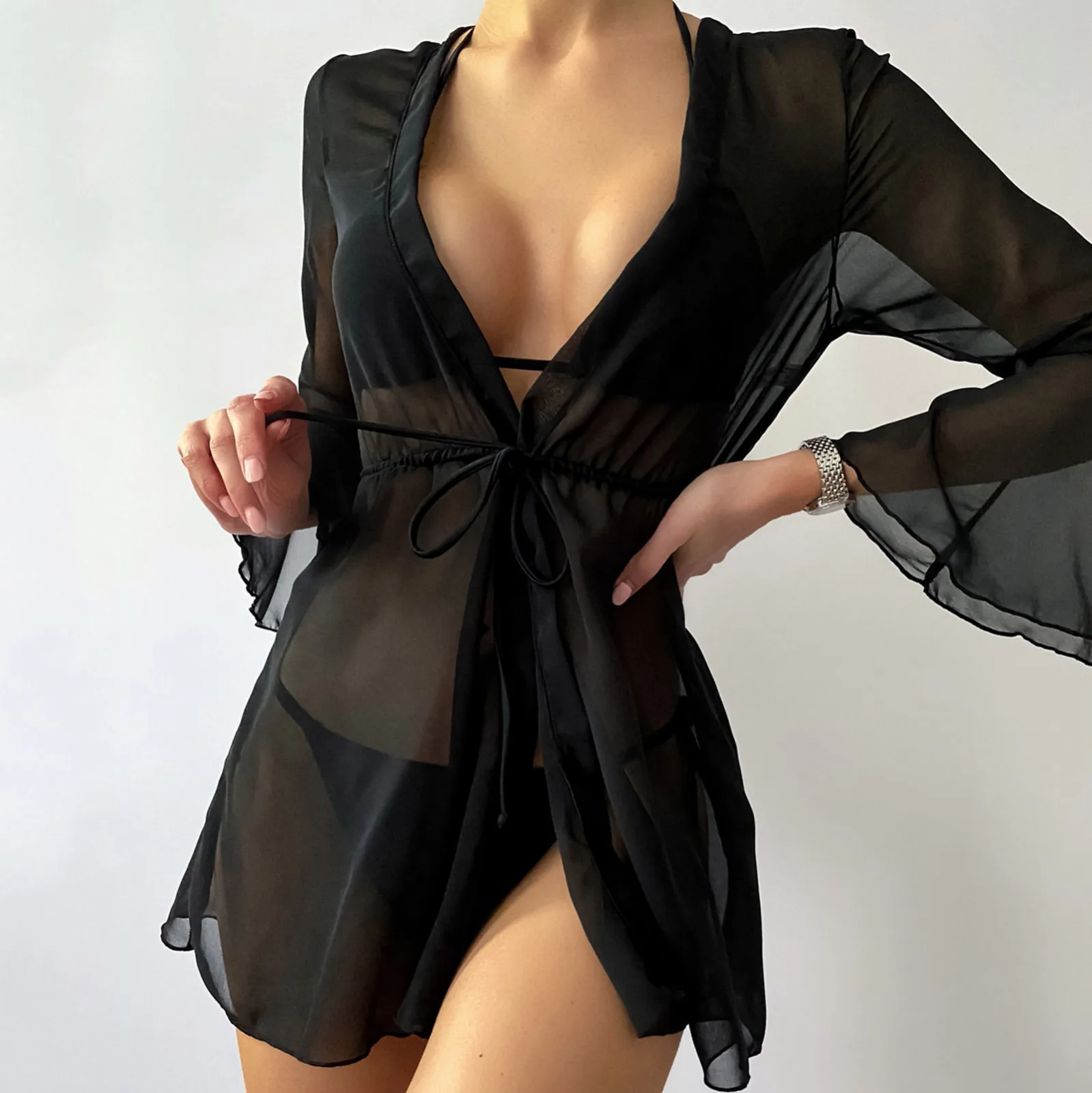 Ladies Cover Up Lace-Up Sarong Boho Swimwear See-Through Cape Beach-Dress Lace Covers-Ups Wrap Maxi-Dress Summer Bikini Tulle