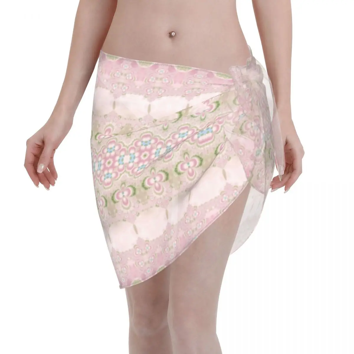 Sexy Women Boho Pink Floral Pattern Bohemian Sheer Scarf Cover Ups Bikini Cover-Up Sarong Skirt Lace-Up